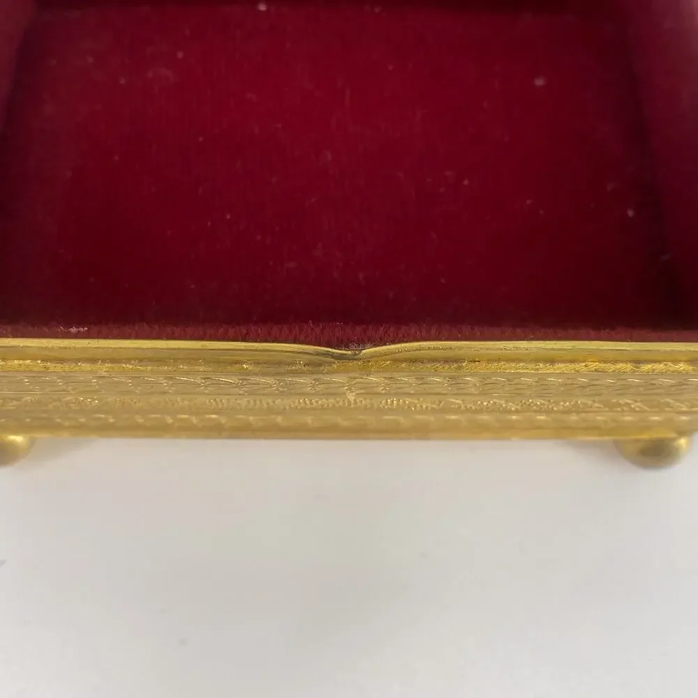 Vintage Austria Jeweled Trinket Box Gold Tone Etched Red Velvet Lined
